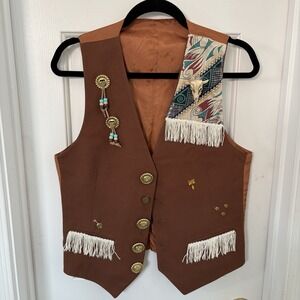 Vintage Yves Saint Laurent Men's Chest 38" Brown Dress Vest Native American